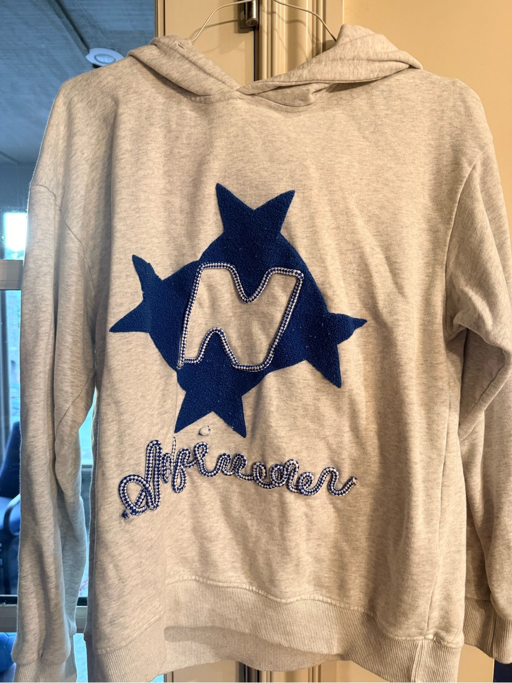 Women’s Light Gray Crewneck Hoodie with Blue Star Appliqué